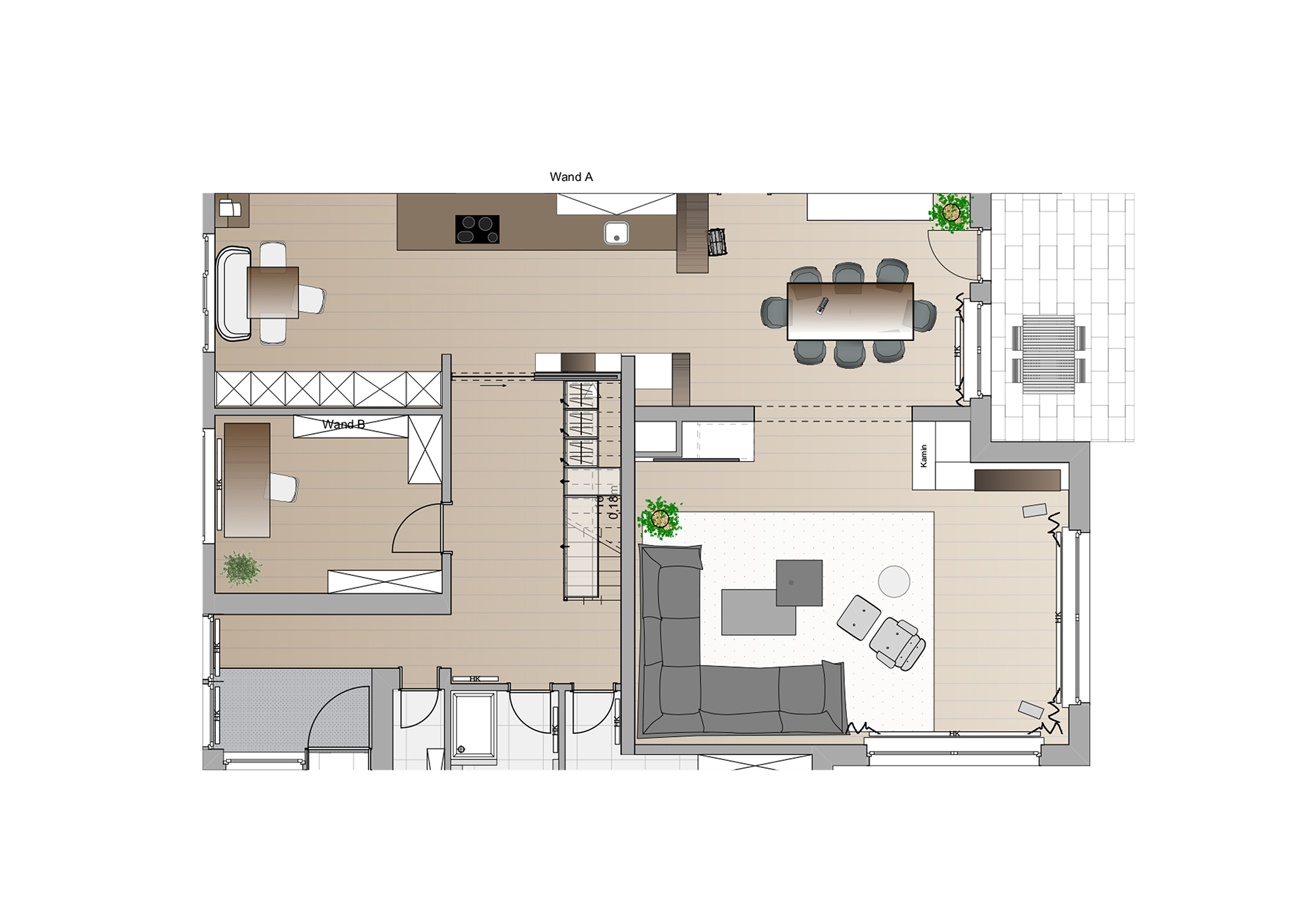 Grundriss des neuen Raumkonzeptes. Küche als verbindendes Element und der Kamin als Mittelpunkt. Embert Raumkonzept Innenarchitektur