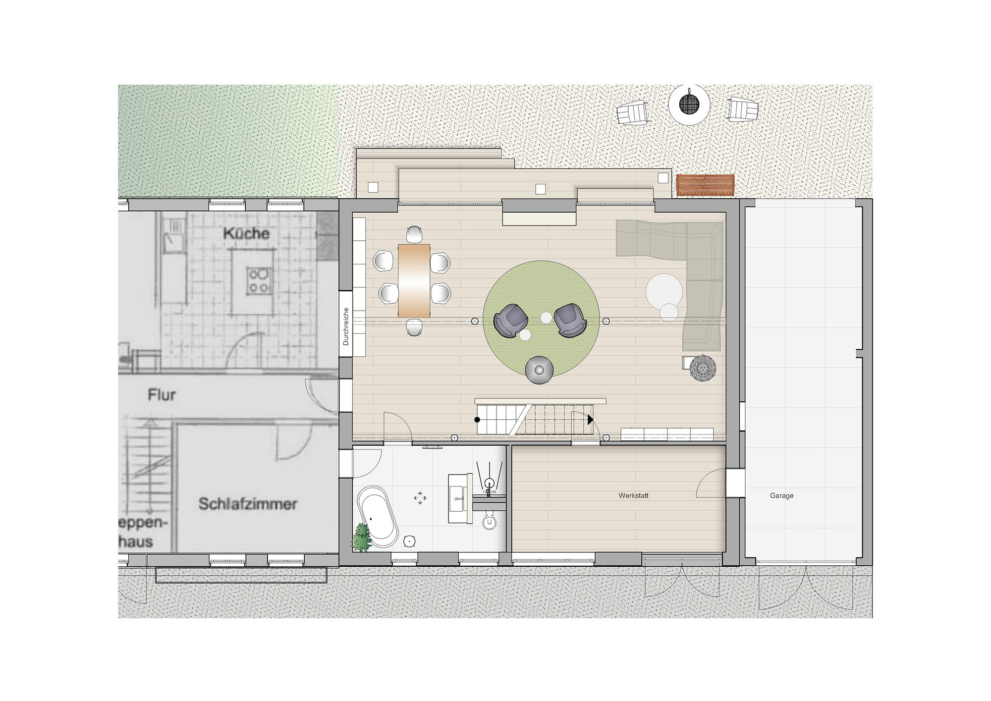Grundriss Erdgeschoss Wohnzimmer Essbereich Badezimmer