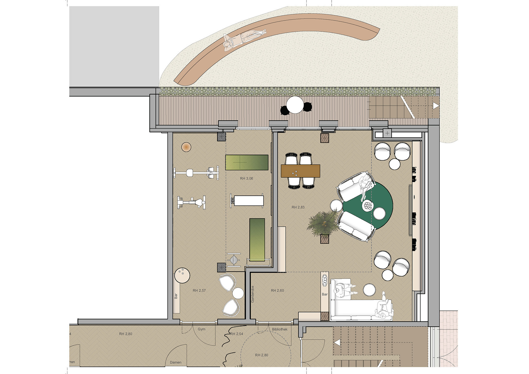 Grundriss Möbelplatzierung Lounge Gym
