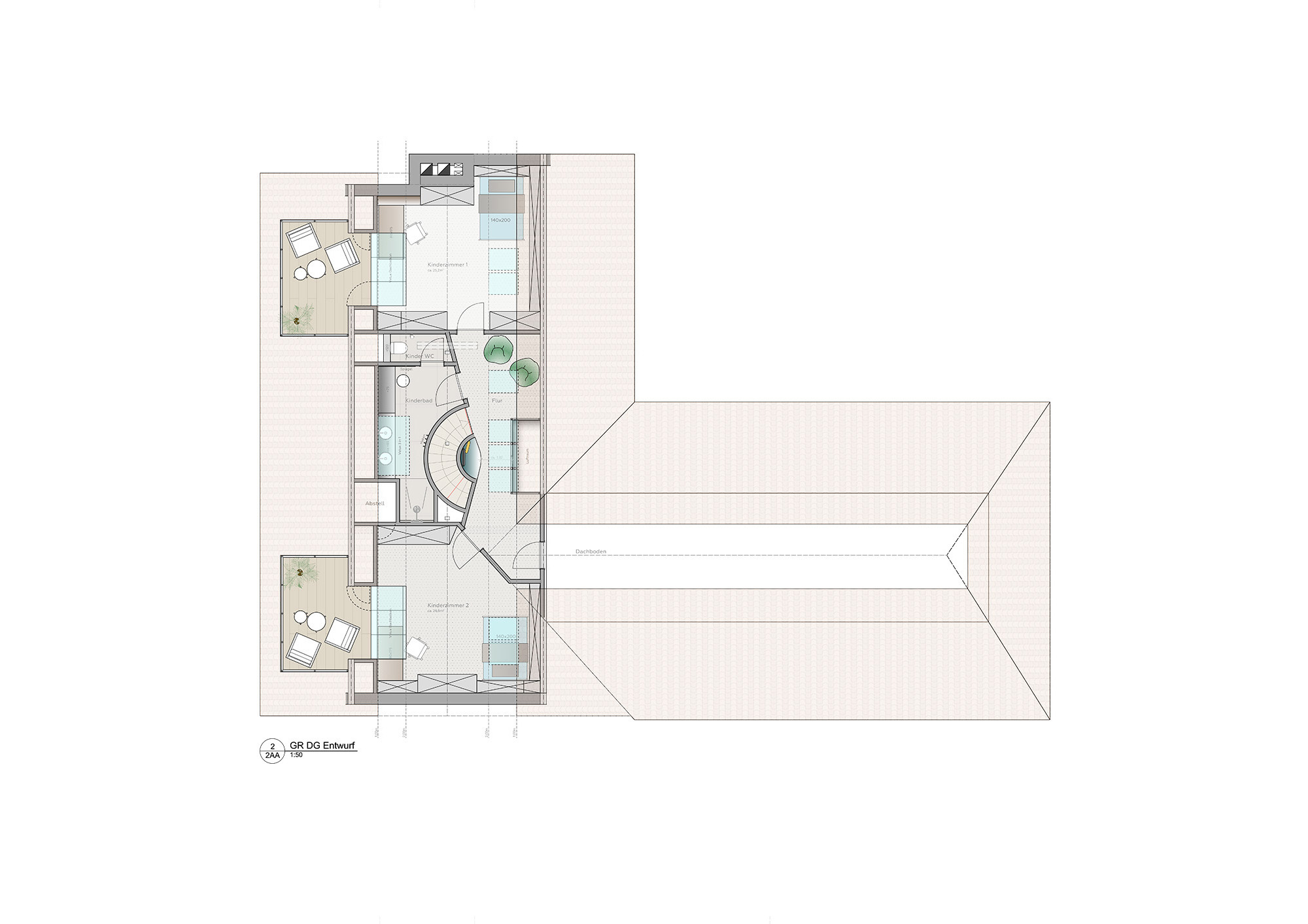 Grundriss Dachgeschoss Kinderzimmer Balkone