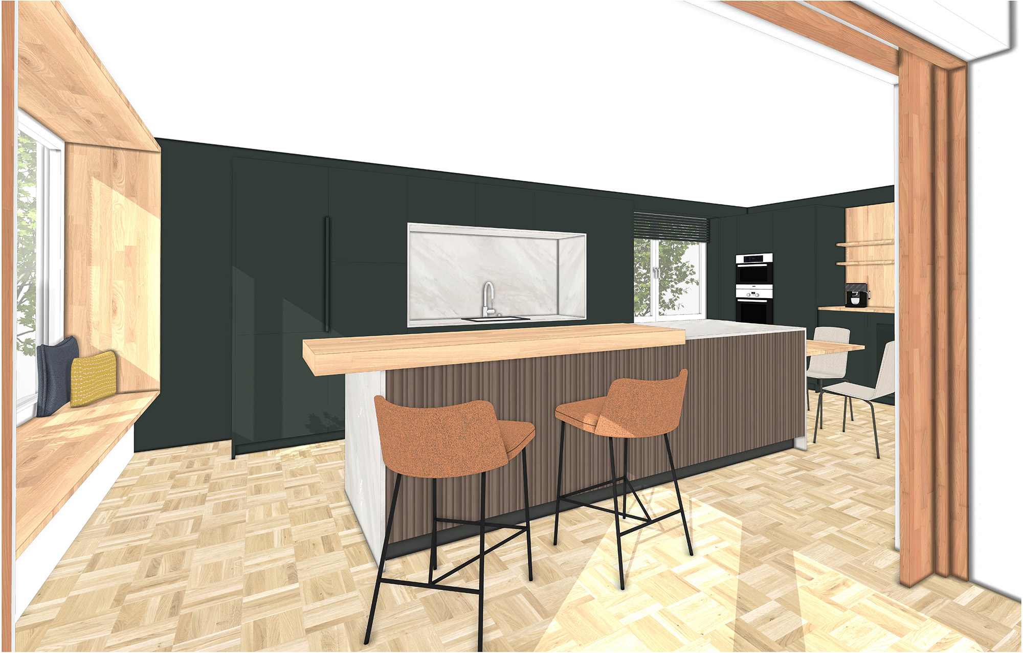 moderne Designkueche Kochinsel Holz 3d Visualisierung